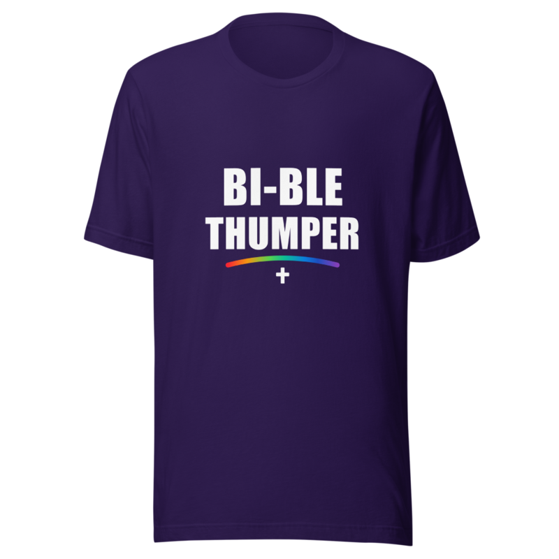 Printful mockup of Bi-ble Thumper in Team Purple