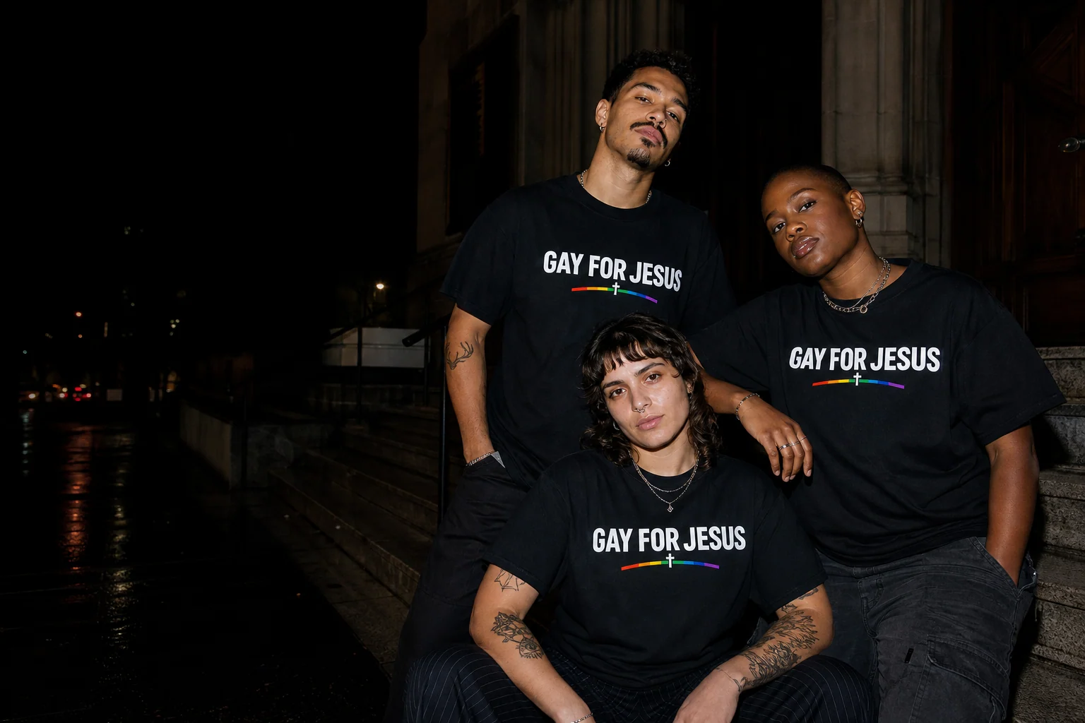 Three people wearing GAY FOR JESUS wordmark tees on city steps at night