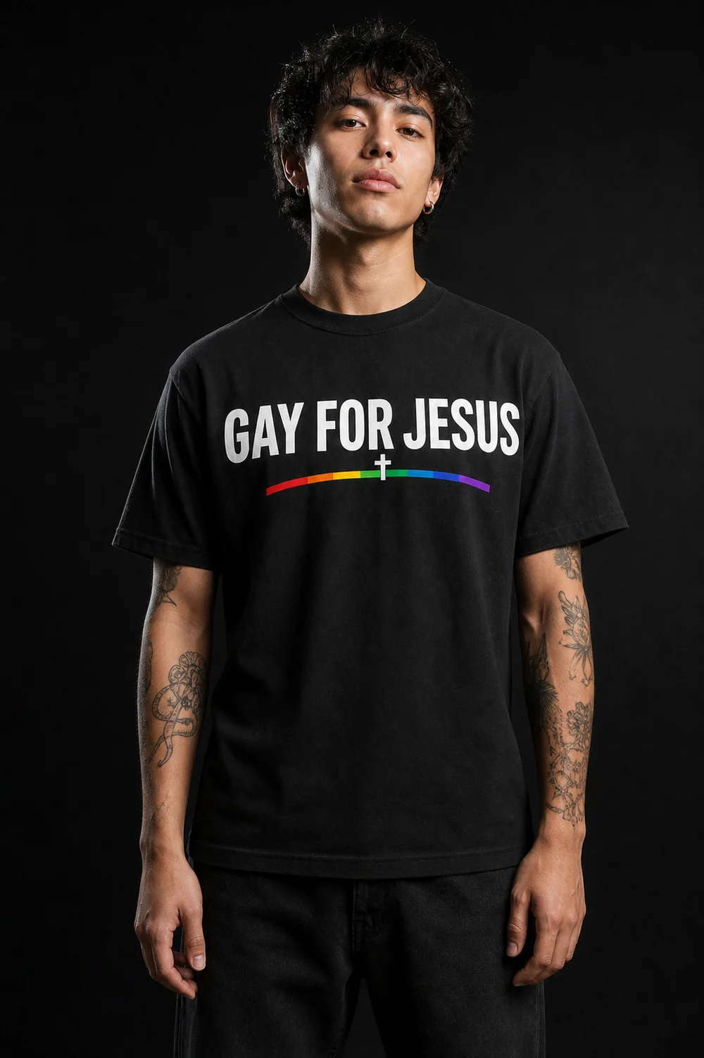 Model wearing the black GAY FOR JESUS wordmark tee